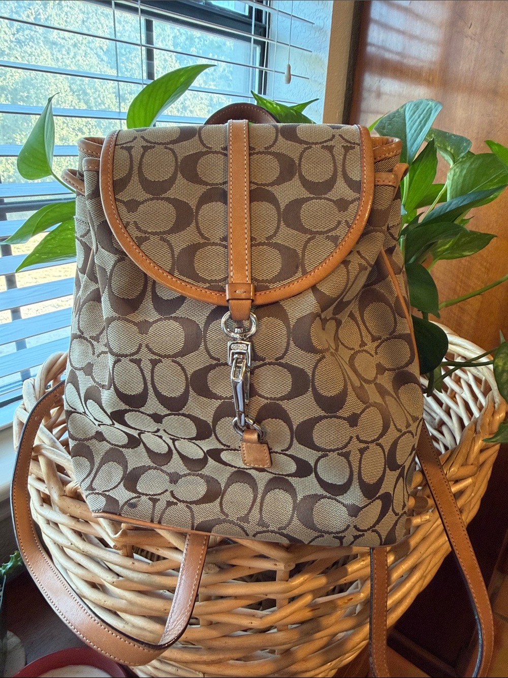 Vintage Coach 6613 Signature Jacquard Backpack Tan Leather Y2K
